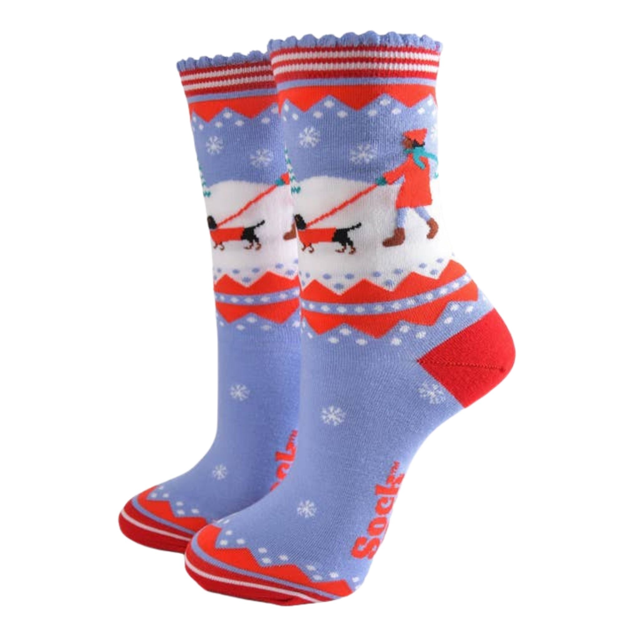 Bambussocken "Dackel Spaziergang" Blau/Rot, Größe 36-40