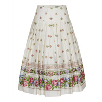 Sattelrock Blumenhoamat in Creme mit kleinem Rosendruck und farbiger Bordüre am Saum.
