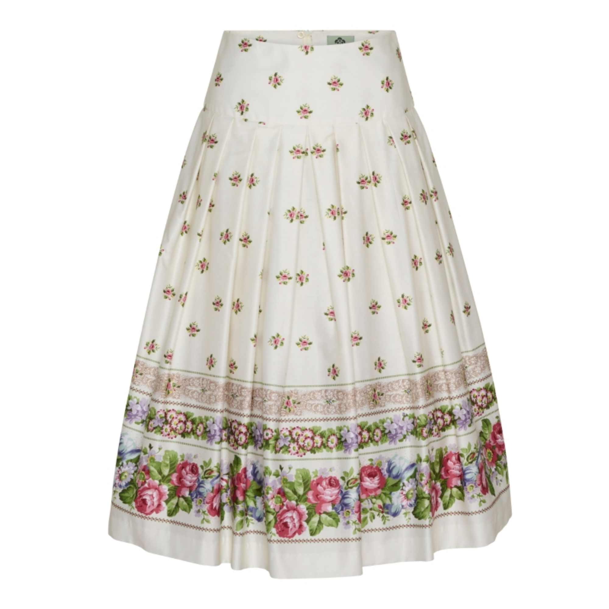 Sattelrock „Blumenhoamat“ – klassischer Bordürendruck in Creme