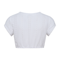 Berwin Dirndlbluse aus Streifen-Spitze, Rückansicht mit diagonalen Mustern, kurze Ärmel, Spitzkante.