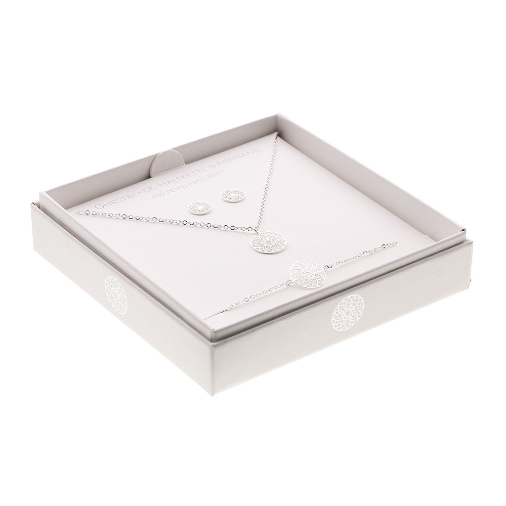 Geschenkset - Halskette-Armband-Ohrstecker - versilbert - Mandala des Glücks