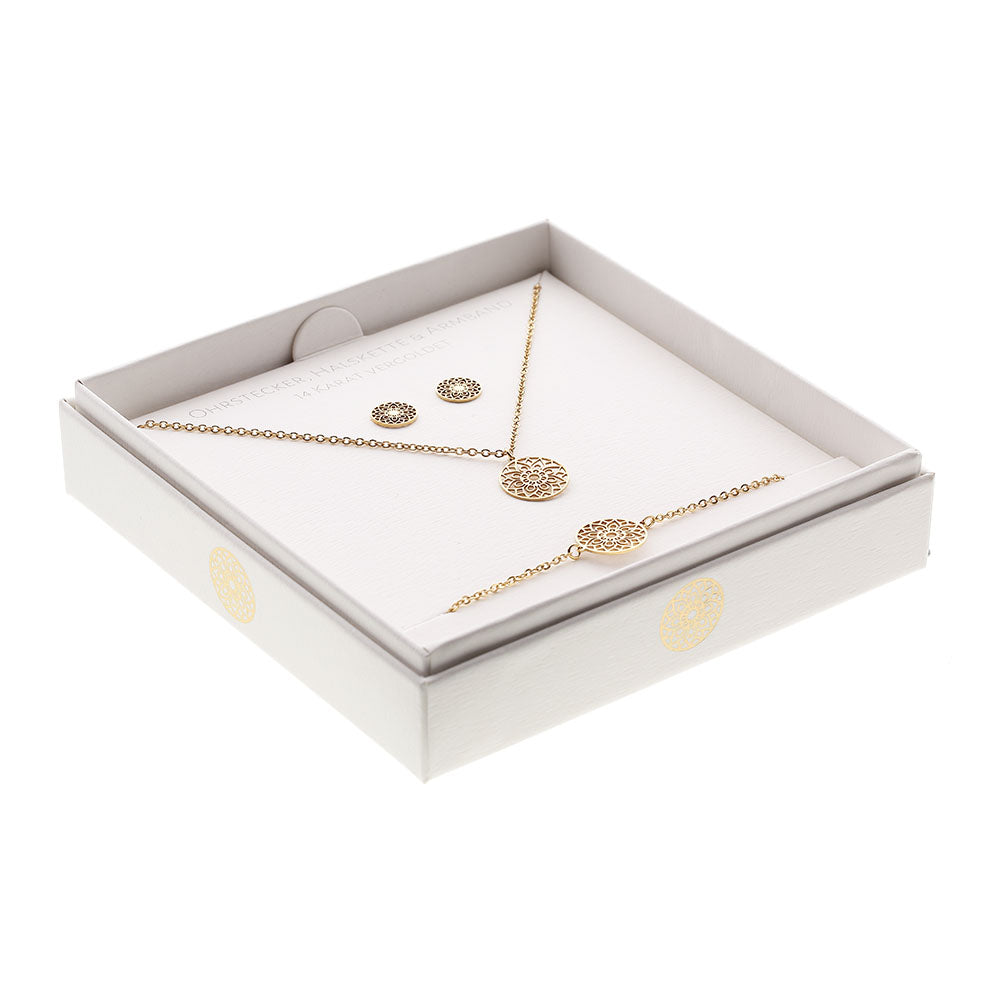 Geschenkset - Halskette-Armband-Ohrstecker - vergoldet - Mandala des Glücks