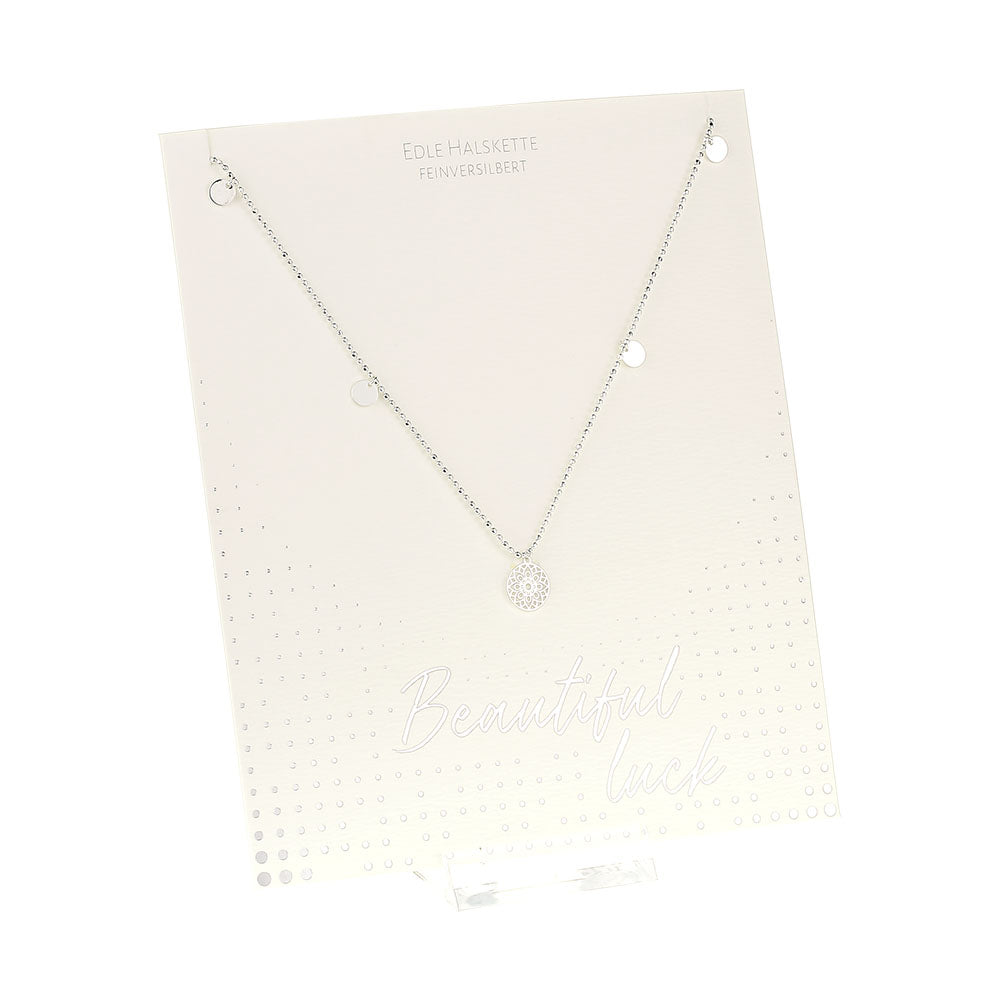 Halskette - „Beautiful“ - Edelstahl - Mandala des Glücks versilbert