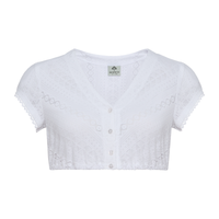 Berwin Dirndlbluse aus Streifen-Spitze mit V-Ausschnitt, kurze Ärmel, diagonale Muster, zarte Spitzenkante.