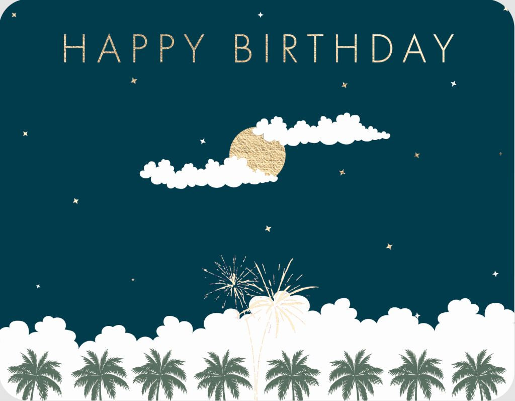 Postkarte Happy Birthday Feuerwerk über Palmen