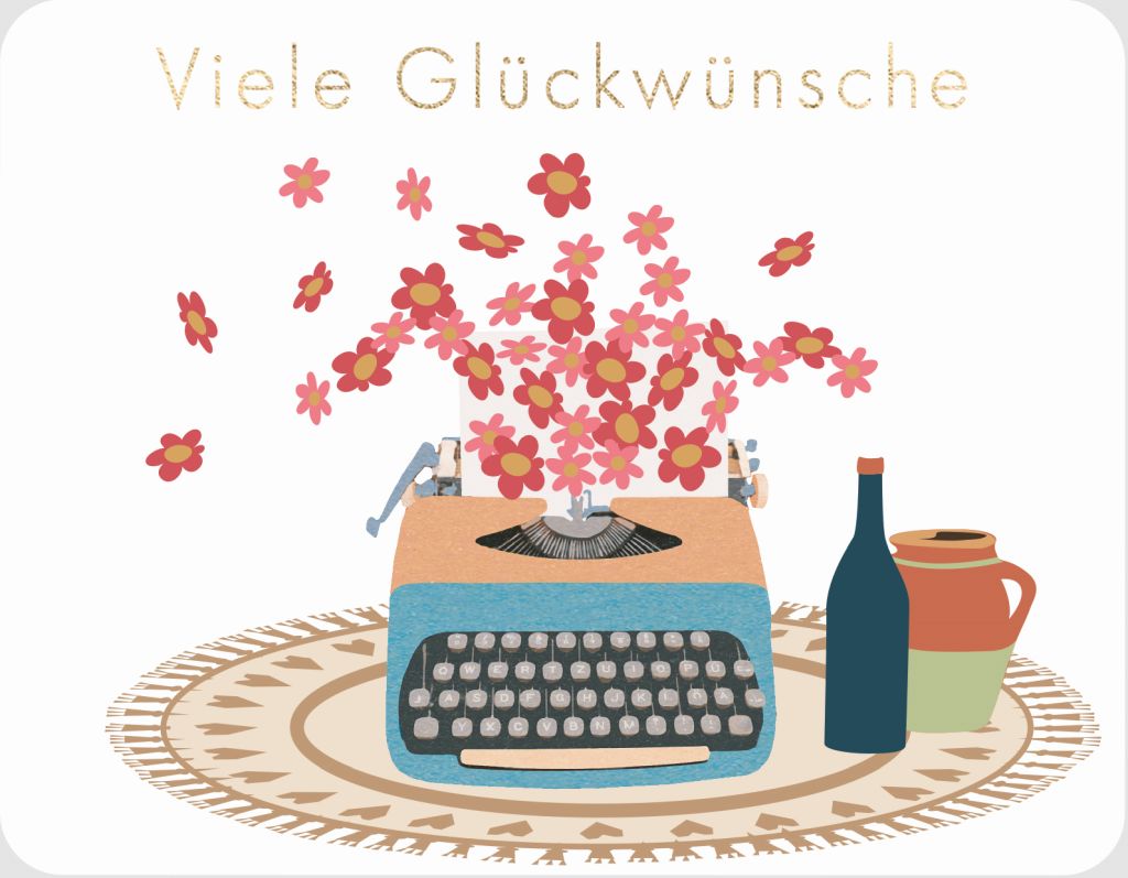 Postkarte Viele Glückwünsche - Schreibmaschine mit Blumenregen