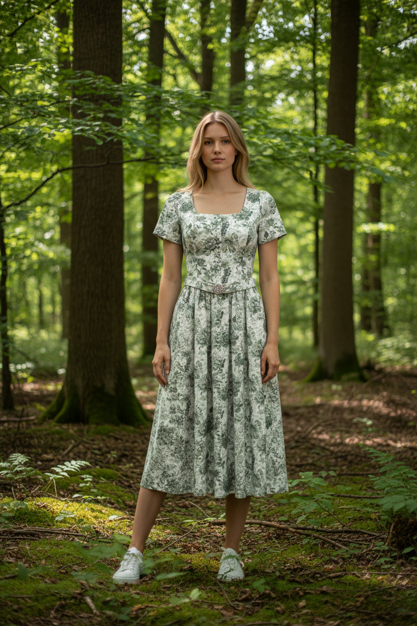 Kleid „Rosenzeit“ – zarter Rosendruck mit kurzem Ärmel