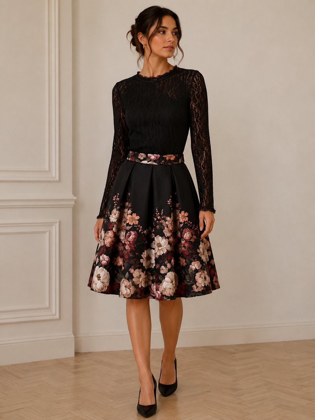 Kellerfaltenrock floraler Print „Theres" schwarz