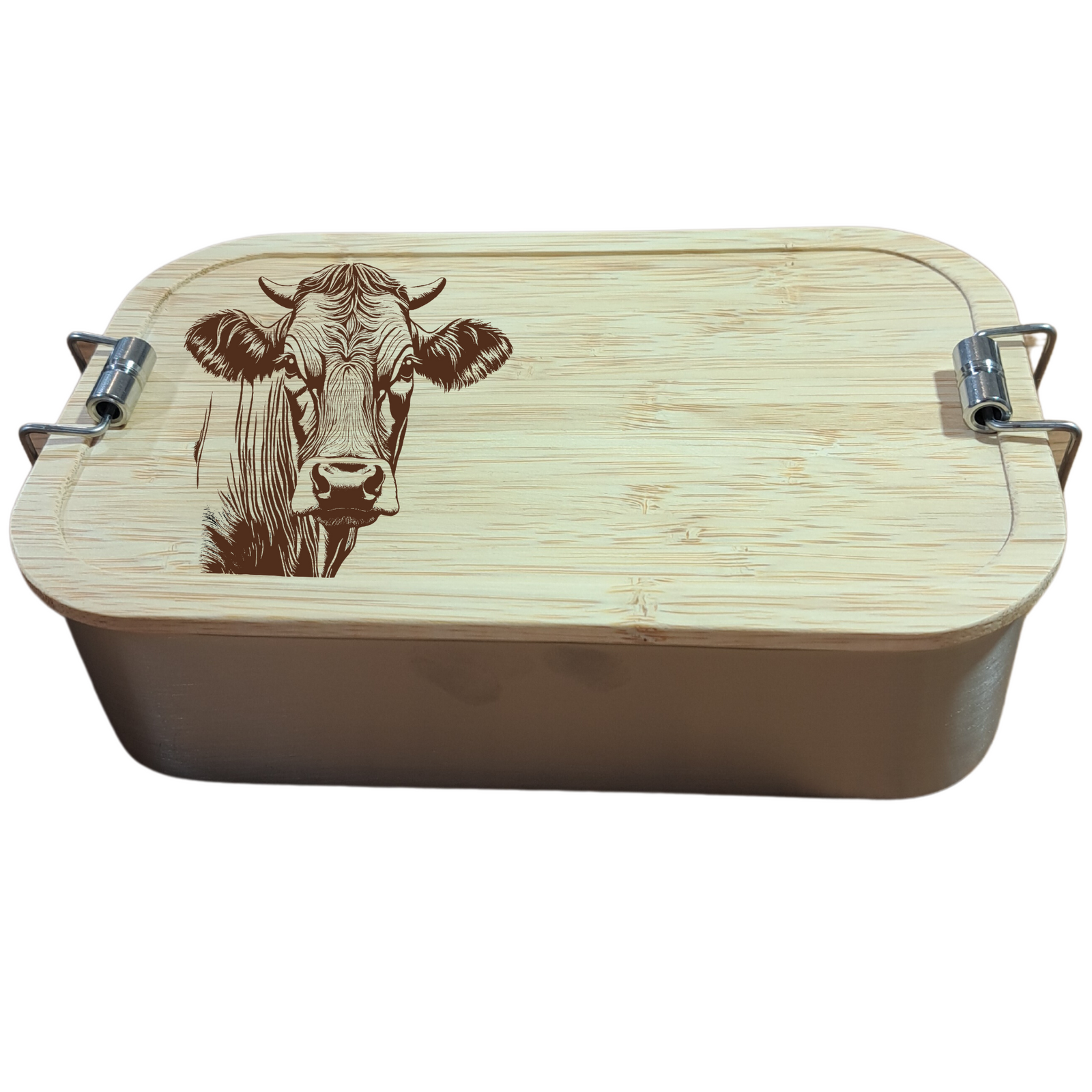 Brotzeitdose "Kuh Josy" aus Edelstahl & Bambus