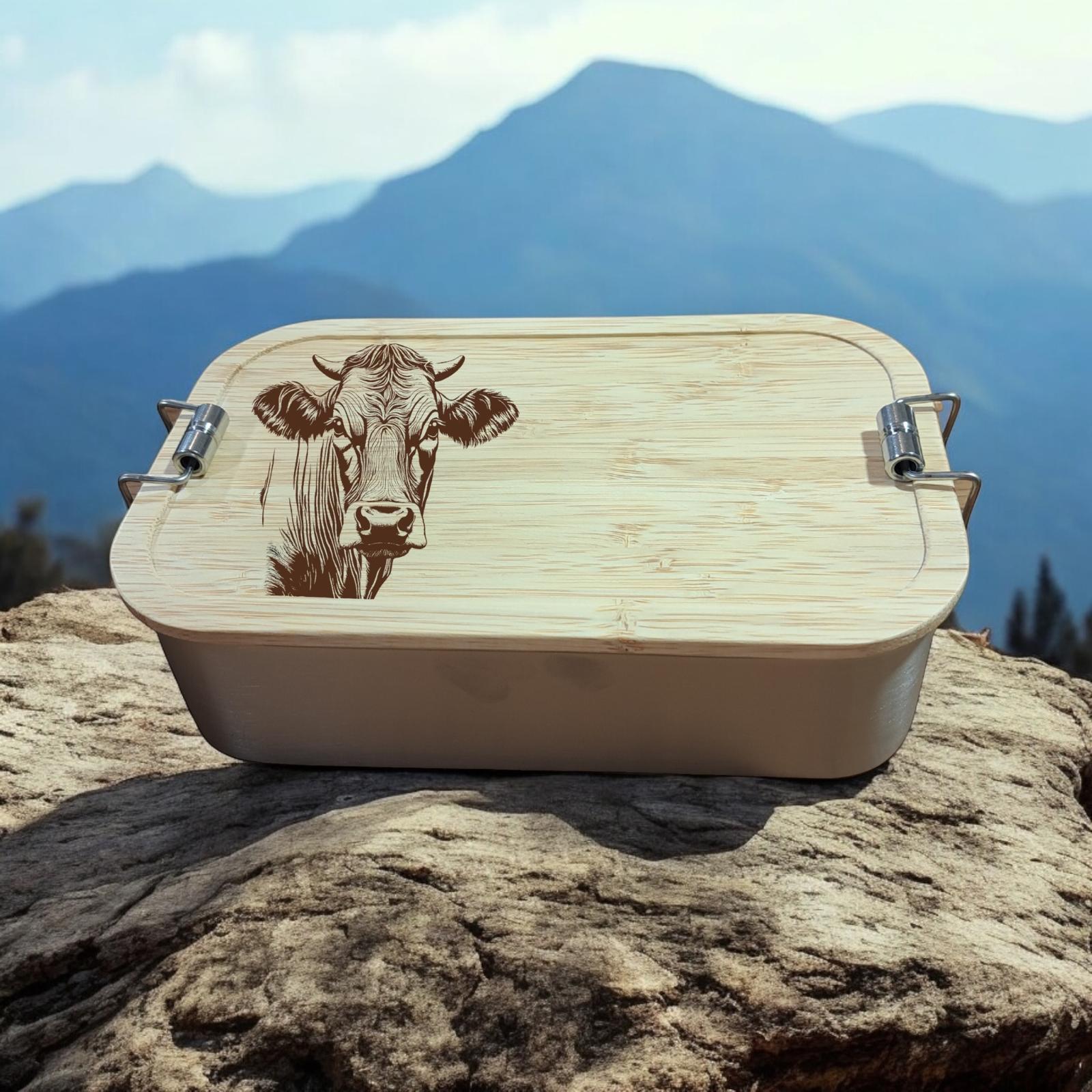 Bergverliebt® Brotzeitdose "Kuh Josy" aus Edelstahl & Bambus