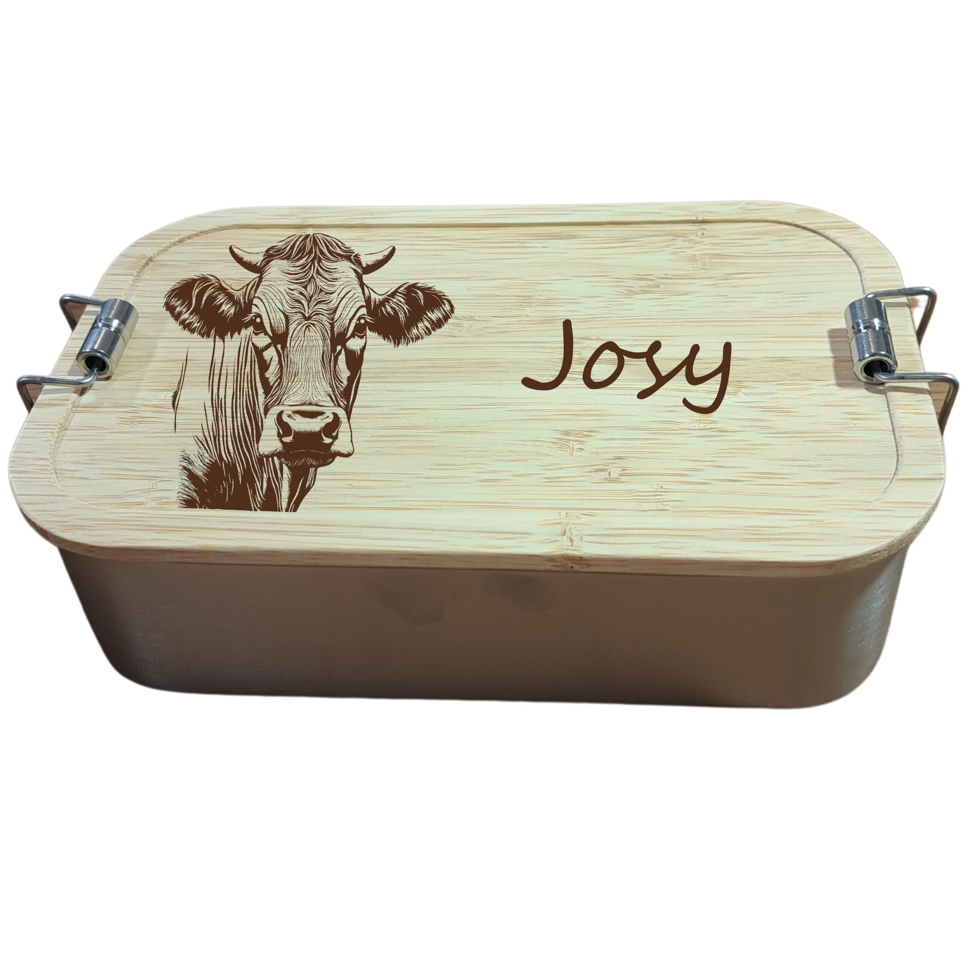 Brotzeitdose "Kuh Josy" aus Edelstahl & Bambus