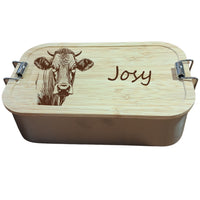 Bergverliebt® Brotzeitdose "Kuh Josy" aus Edelstahl & Bambus