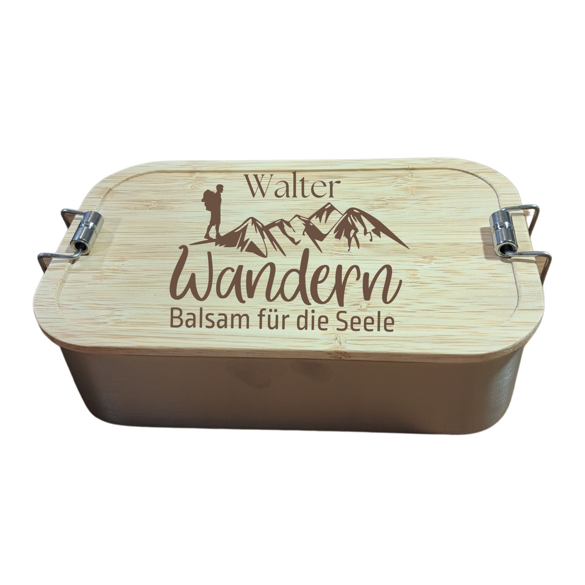 Bergverliebt® Brotzeitdose "Wandern Balsam für die Seele" aus Edelstahl & Bambus