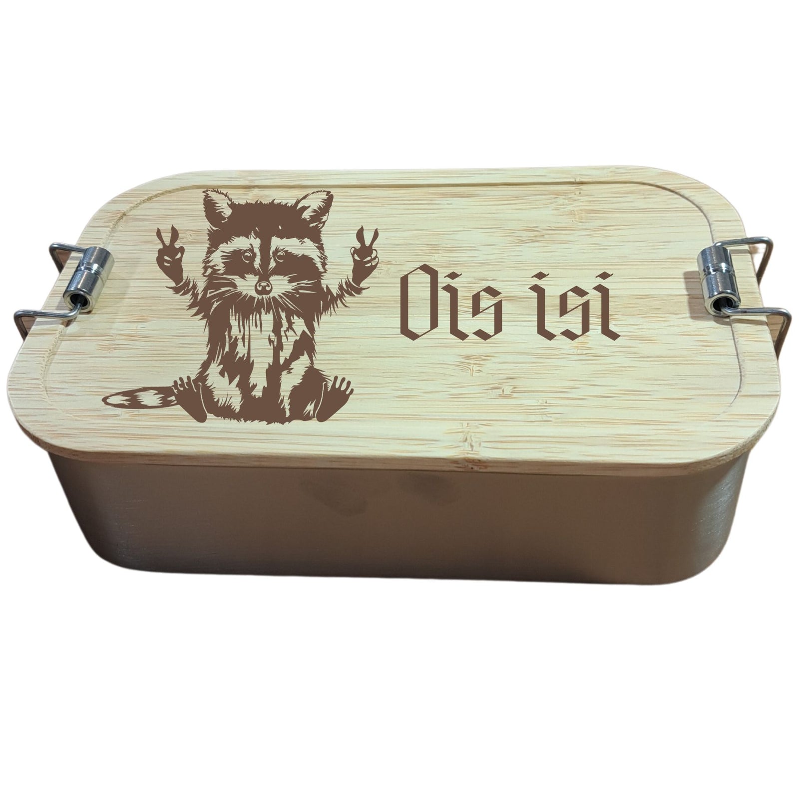 Brotzeitdose "Ois is" aus Edelstahl & Bambus