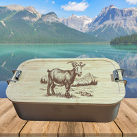 Bergverliebt® Brotzeitdose "Berggoaß" aus Edelstahl & Bambus