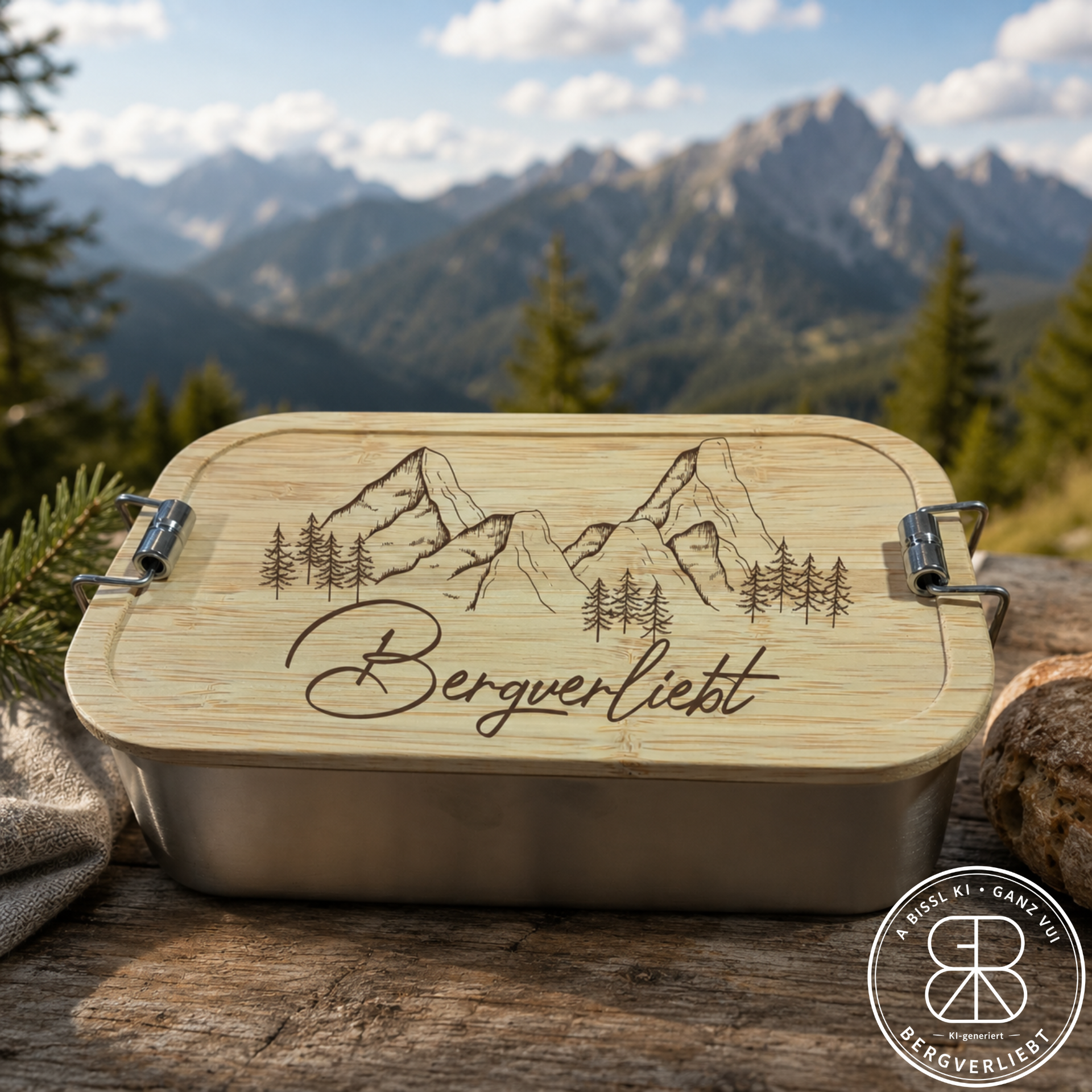 Bergverliebt® Brotzeitdose "Bergverliebt" aus Edelstahl & Bambus