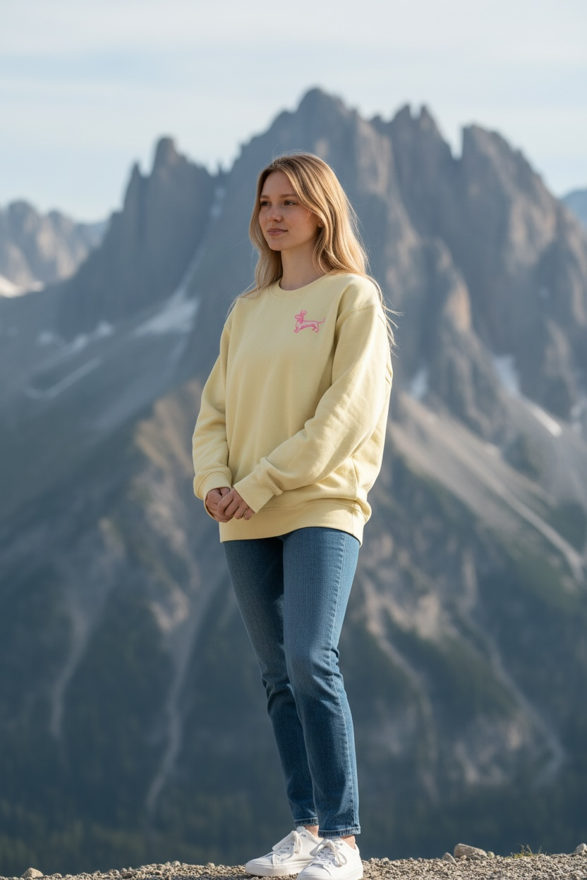 Bergverliebt® Sweatshirt „Dackelkönigin“ – Creamy Yellow