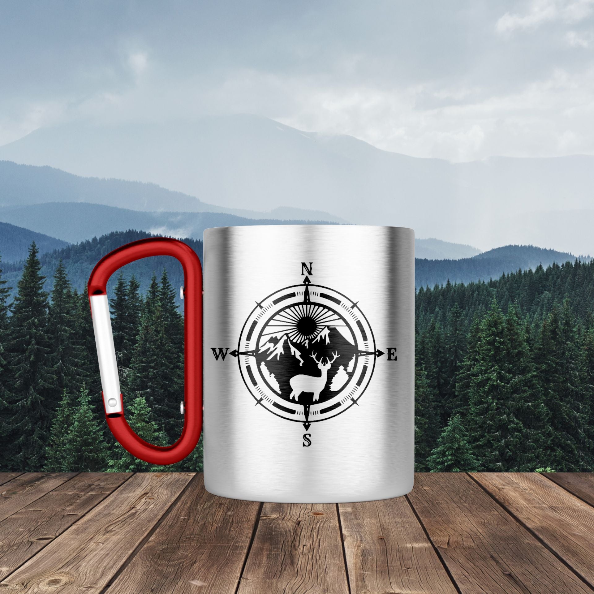 Bergverliebt® Edelstahl-Tasse Karabiner TREK "Kompass Hirsch" 10 oz