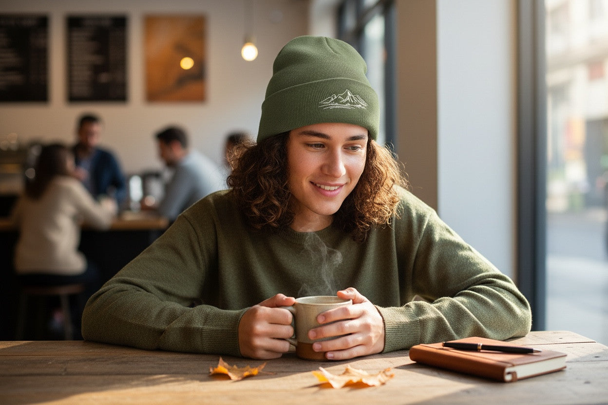 Bergverliebt® Lebensgfui RECYCLD Beanie "Berg" Dark Olive-Weiß