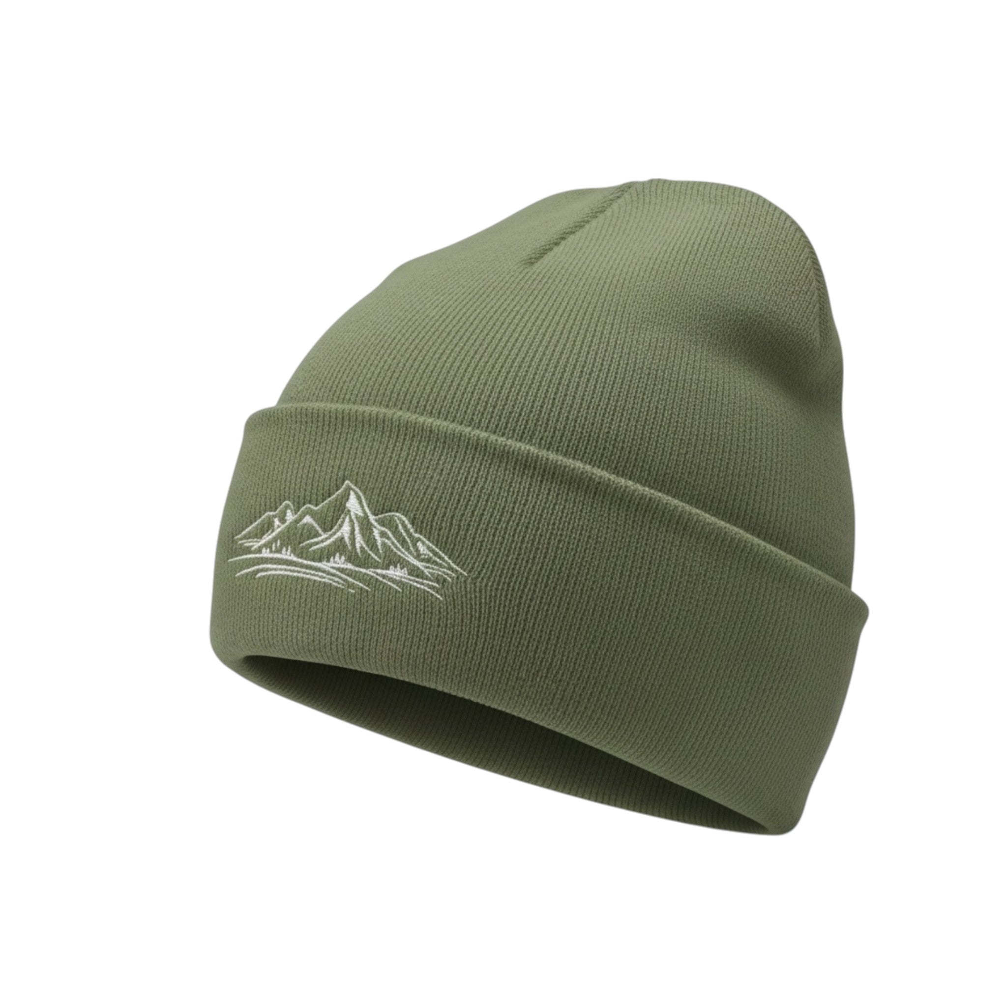 Bergverliebt® Lebensgfui RECYCLD Beanie "Berg" Dark Olive-Weiß
