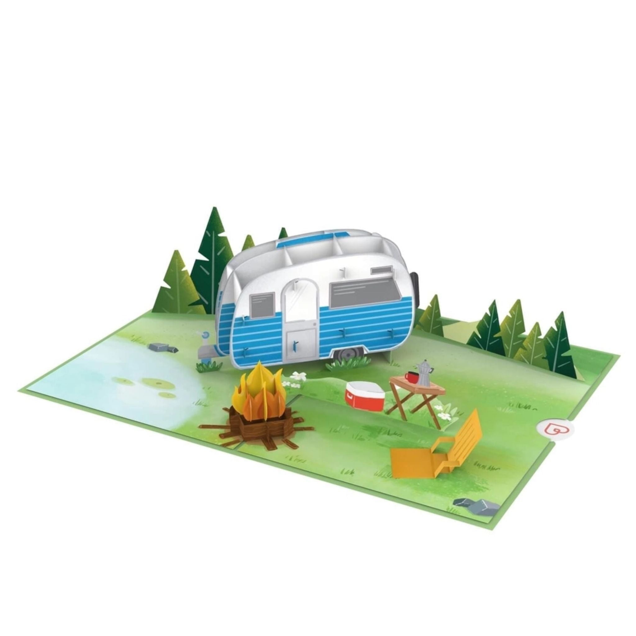 Pop-Up Karte „Campingglück“ – 3D Wohnwagen am See