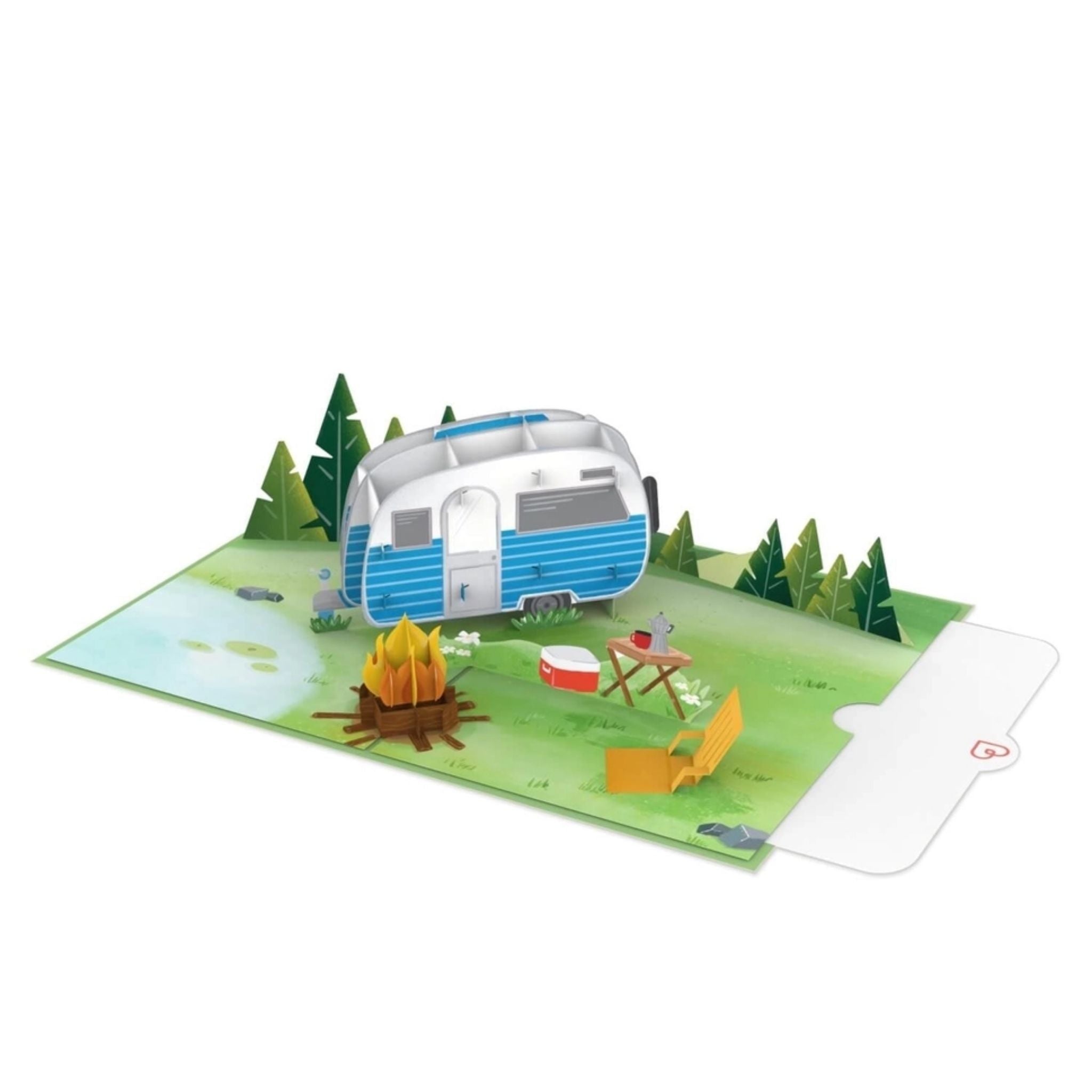 Pop-Up Karte „Campingglück“ – 3D Wohnwagen am See
