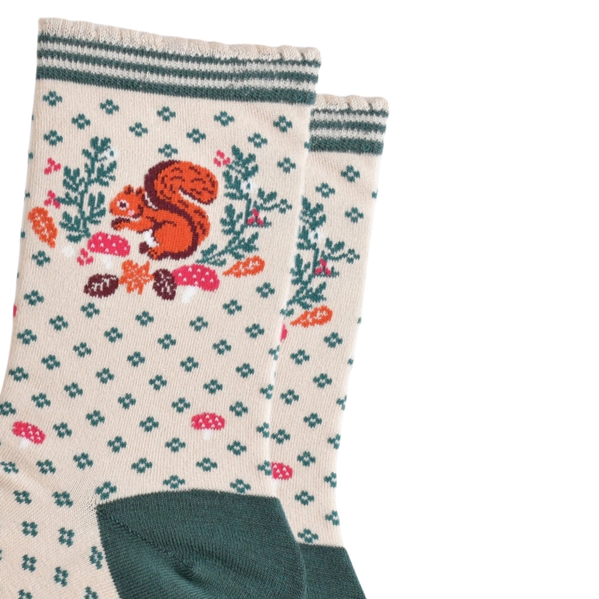 Bambussocken "Eichhörnchen" Creme/Grün, Größe 36-40