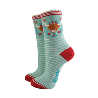 Bambussocken "Highlandkuh" Grün/Rot, Größe 36-40