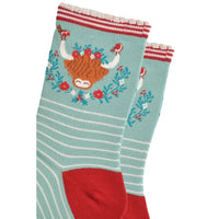 Bambussocken "Highlandkuh" Grün/Rot, Größe 36-40