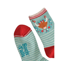 Bambussocken "Highlandkuh" Grün/Rot, Größe 36-40