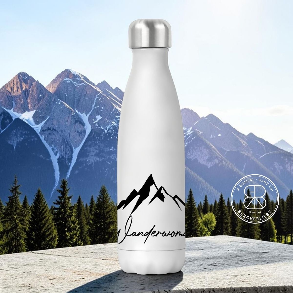 Bergverliebt® Edelstahl-Thermoflasche "Wanderwoman" weiß 500 ml
