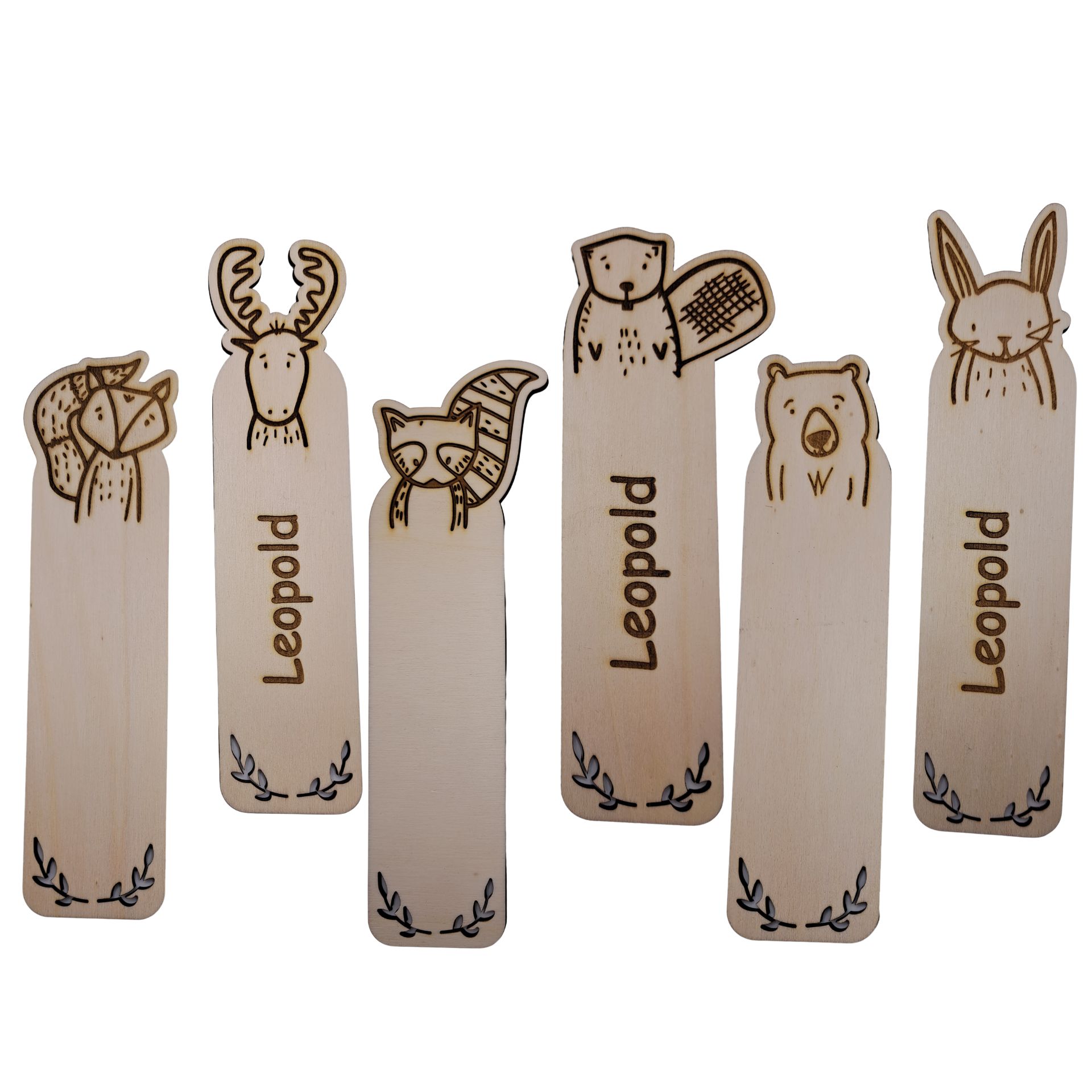 Lesezeichen aus Holz mit oder ohne Personalisierung Waldtiere Fuchs Hase Hirsch Waschbär Bär Biber