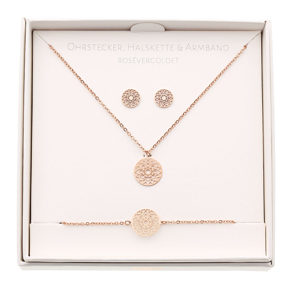 Geschenkset - Mandala des Glücks - rosévergoldet - Halskette-Armband-Ohrstecker
