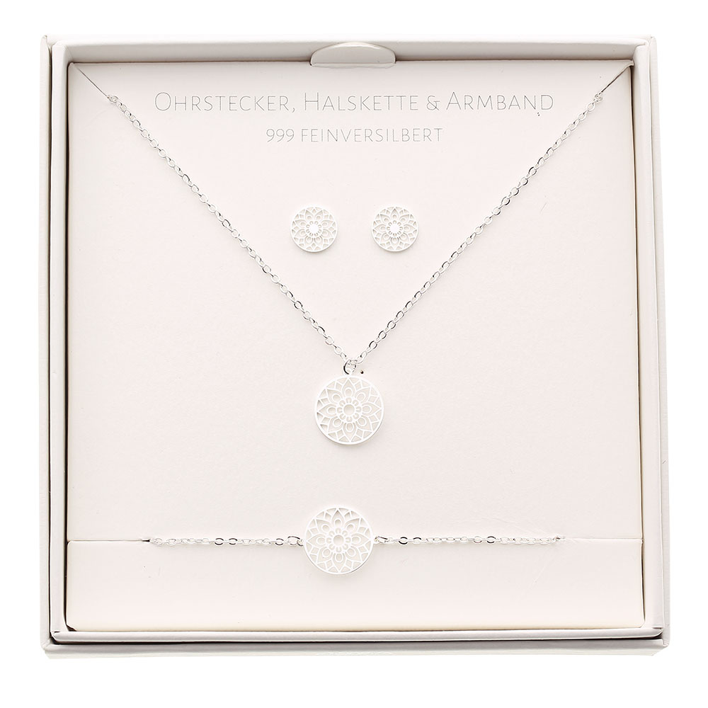 Geschenkset - Mandala des Glücks - feinversilbert - Halskette-Armband-Ohrstecker Kopie